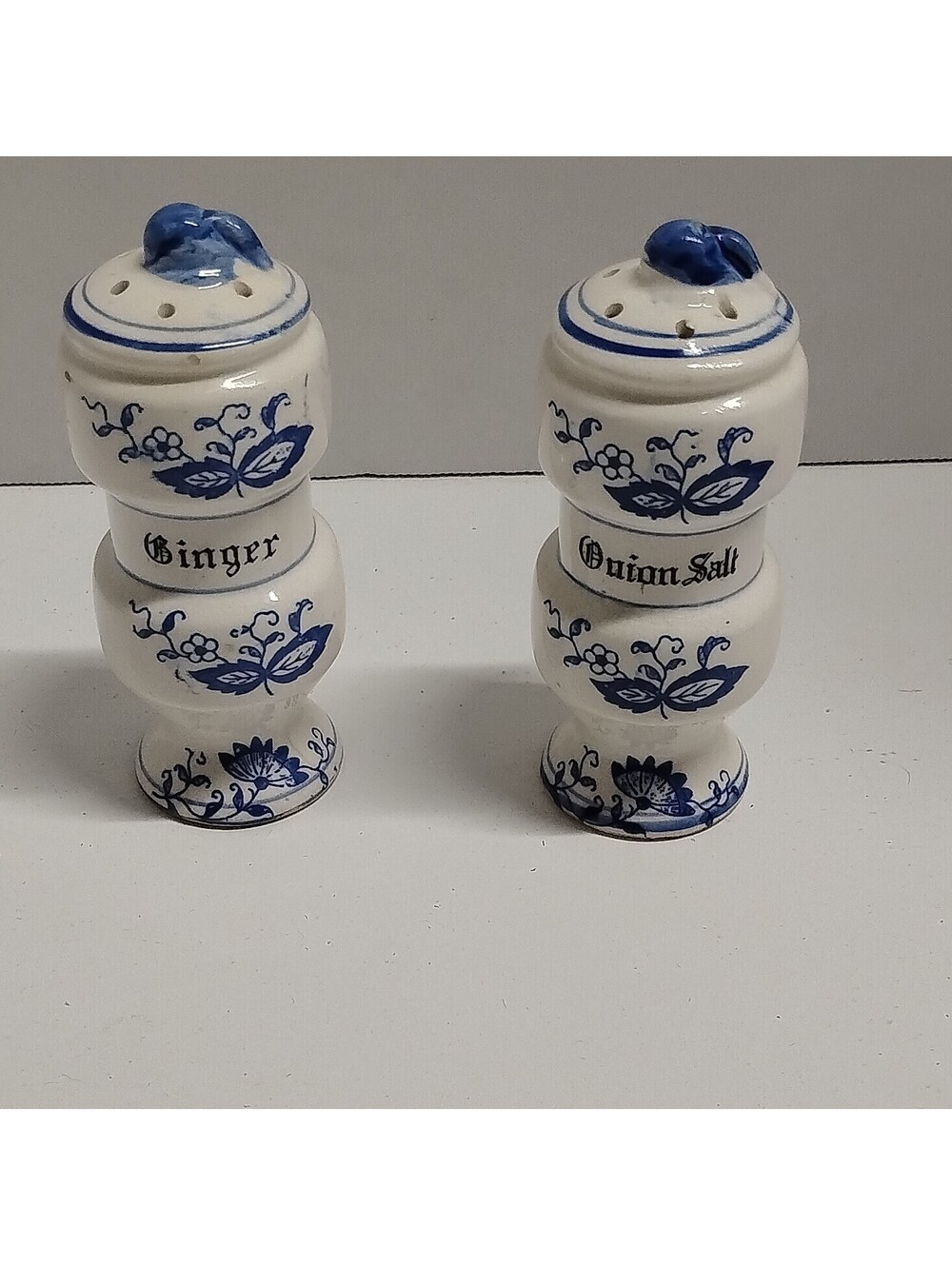 Hand Painted Blue & White Floral Ceramic onion salt and ginger Shakers Set, 2pc